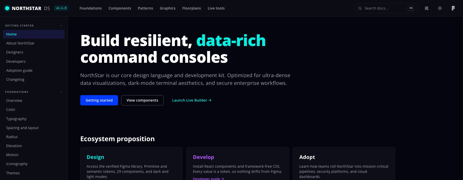NorthStar Design System documentation site, 2026 — foundations, components, patterns, graphics framework and live tools
