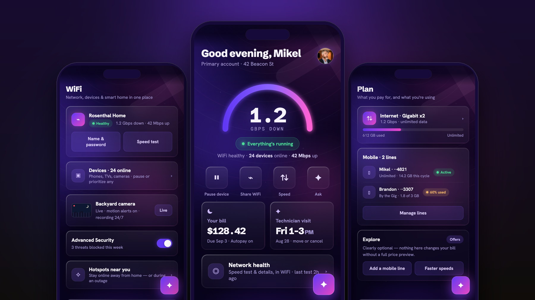 Xfinity Reimagined concept, 2026: WiFi, Home and Plan screens of the unofficial app redesign, with connection status first
