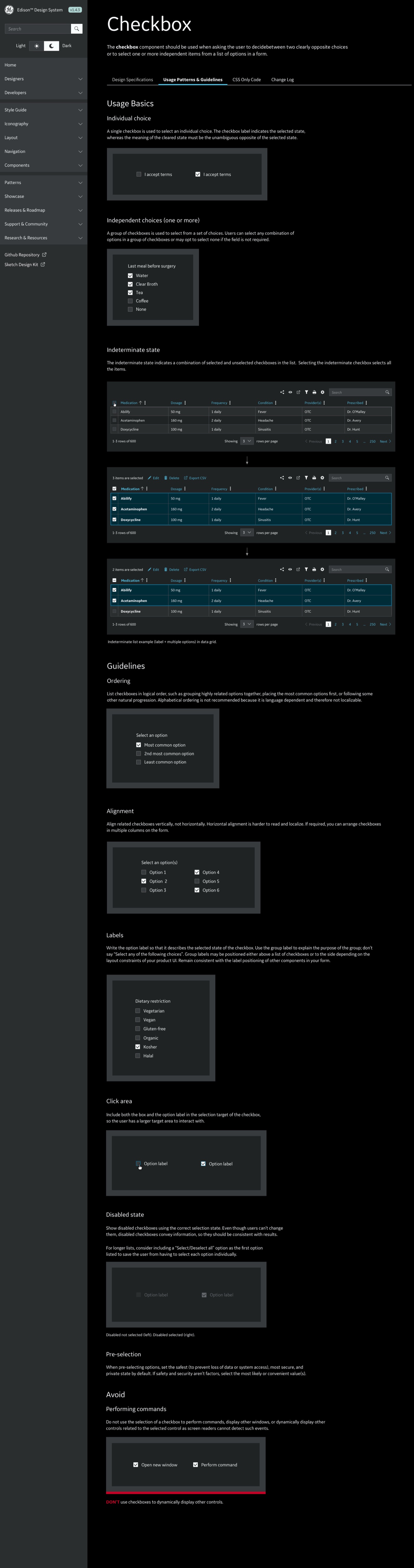Edison checkbox guideline, lights-off theme — anatomy, states, sizing, spacing, and usage rules at 1440 spec width