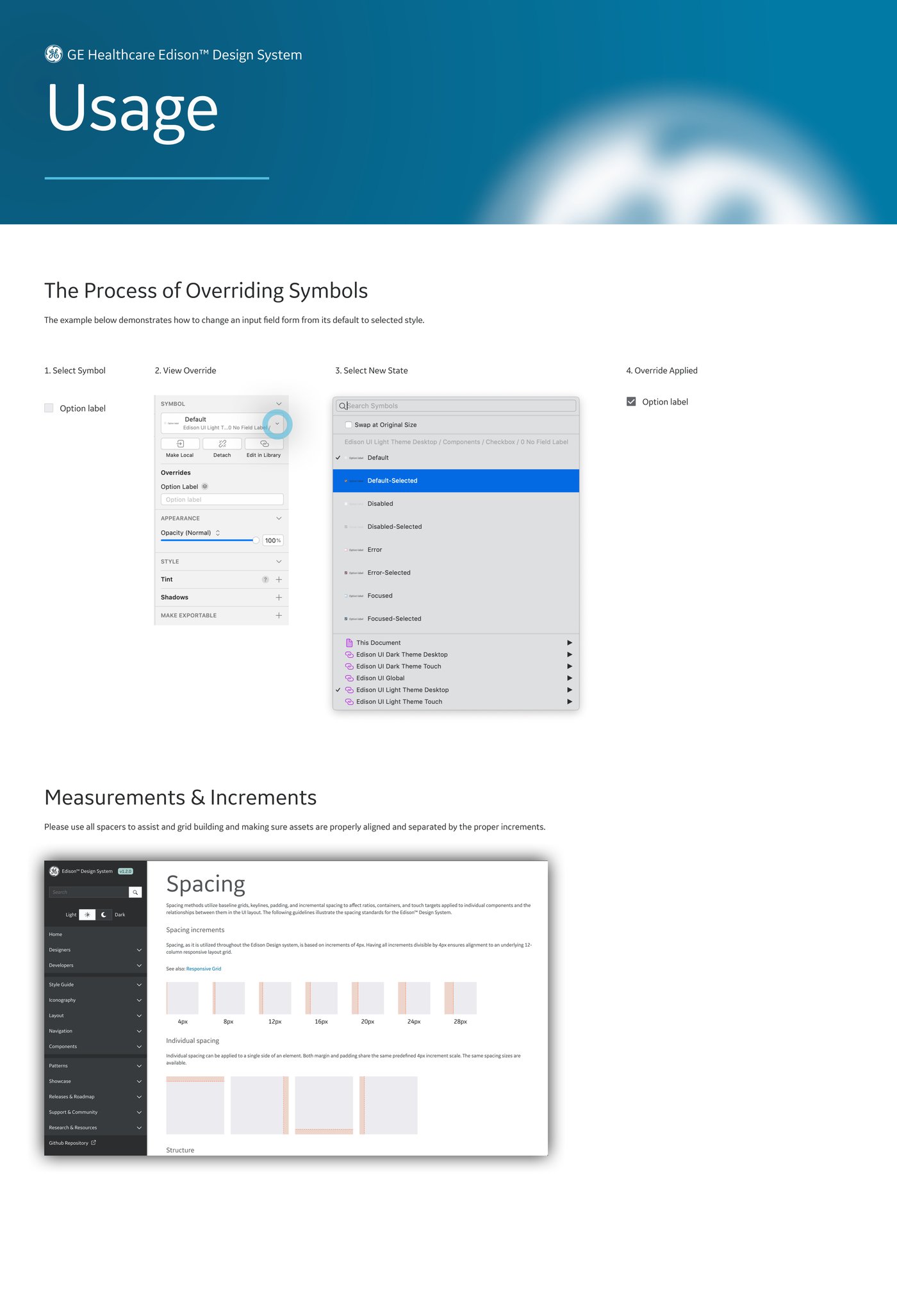 Edison guide — Usage: the process of overriding symbols, measurements and spacing increments