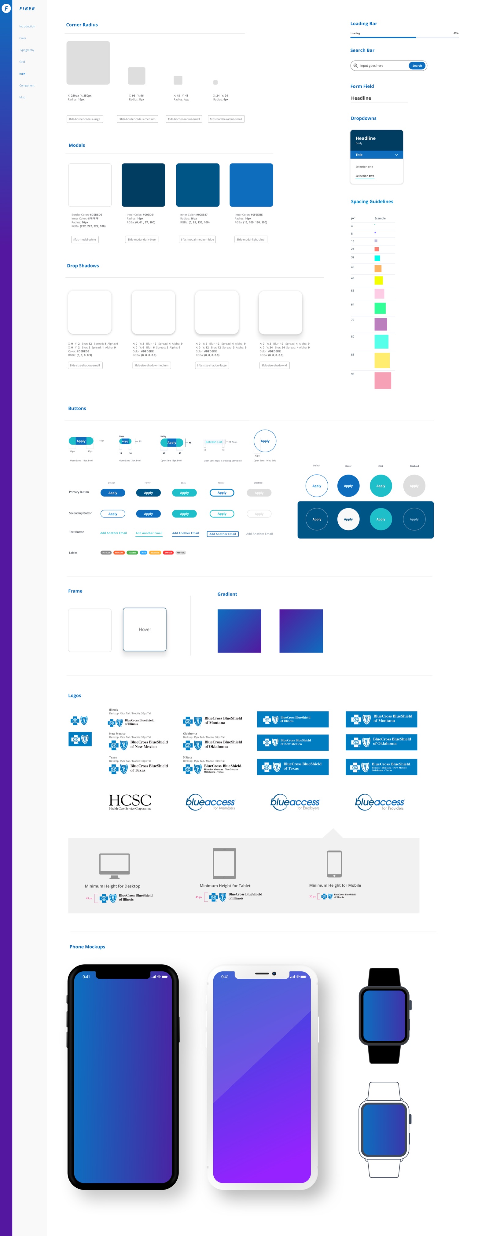 FIBER component sheet — corner radius scale, modal variants, drop shadows, button system with states, frames, gradients, the BCBS five-state logo matrix, device minimums, and phone mockups