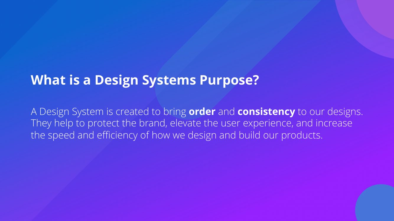 FIBER guide slide: What is a design system's purpose? Order and consistency that protect the brand, elevate the experience, and speed up how products are designed and built