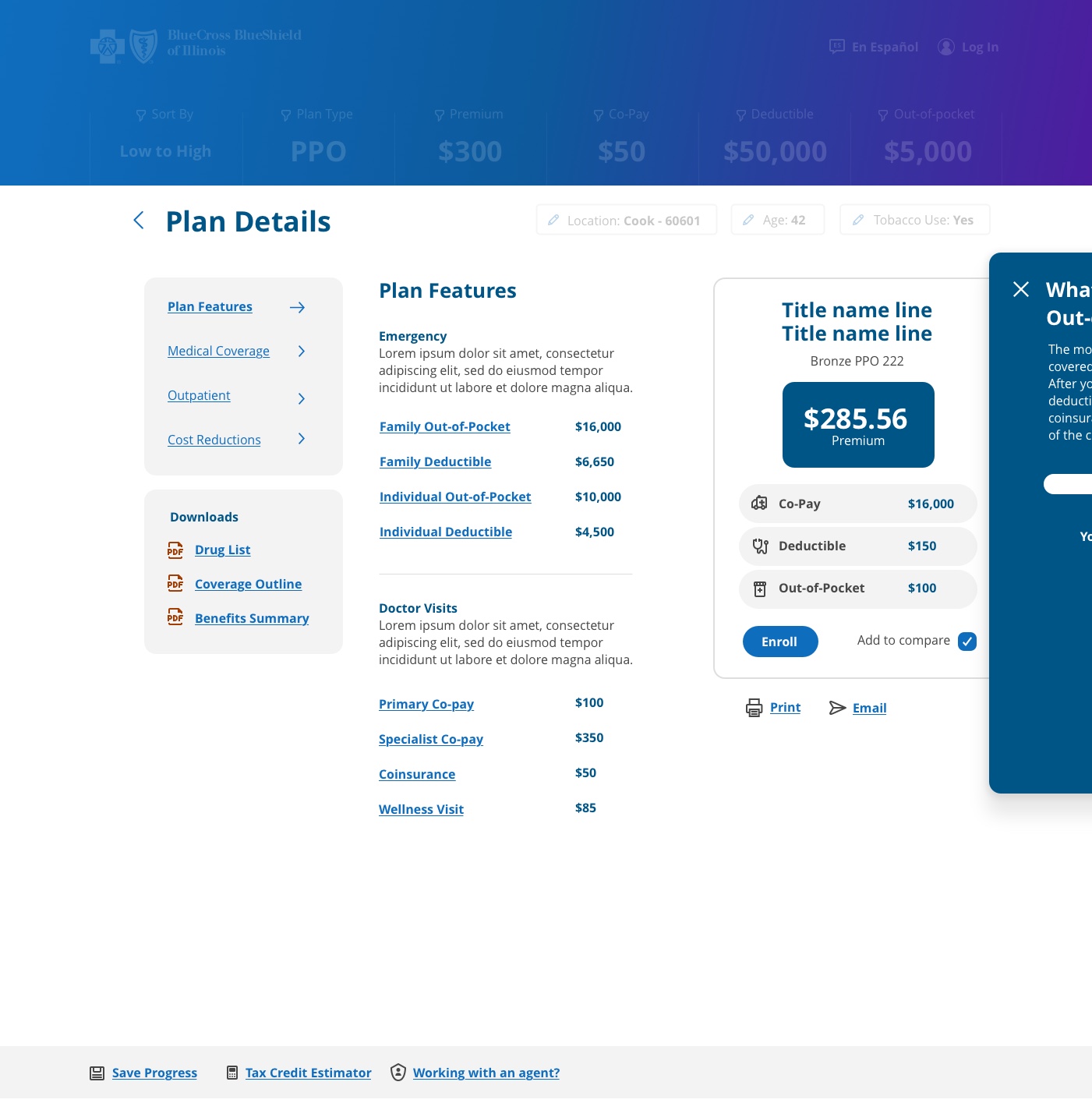 BCBSIL under-65 plan details screen: plan features, premium card, co-pay, deductible and out-of-pocket, enroll and compare