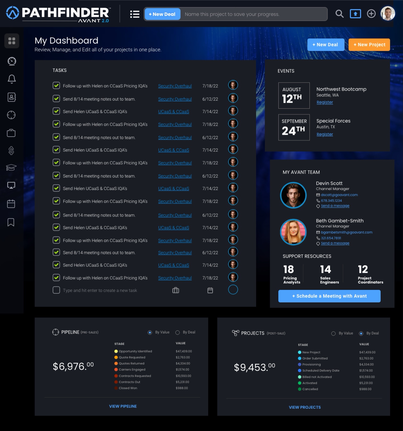 Pathfinder 2.0 dashboard — task management view with pipeline and project modules