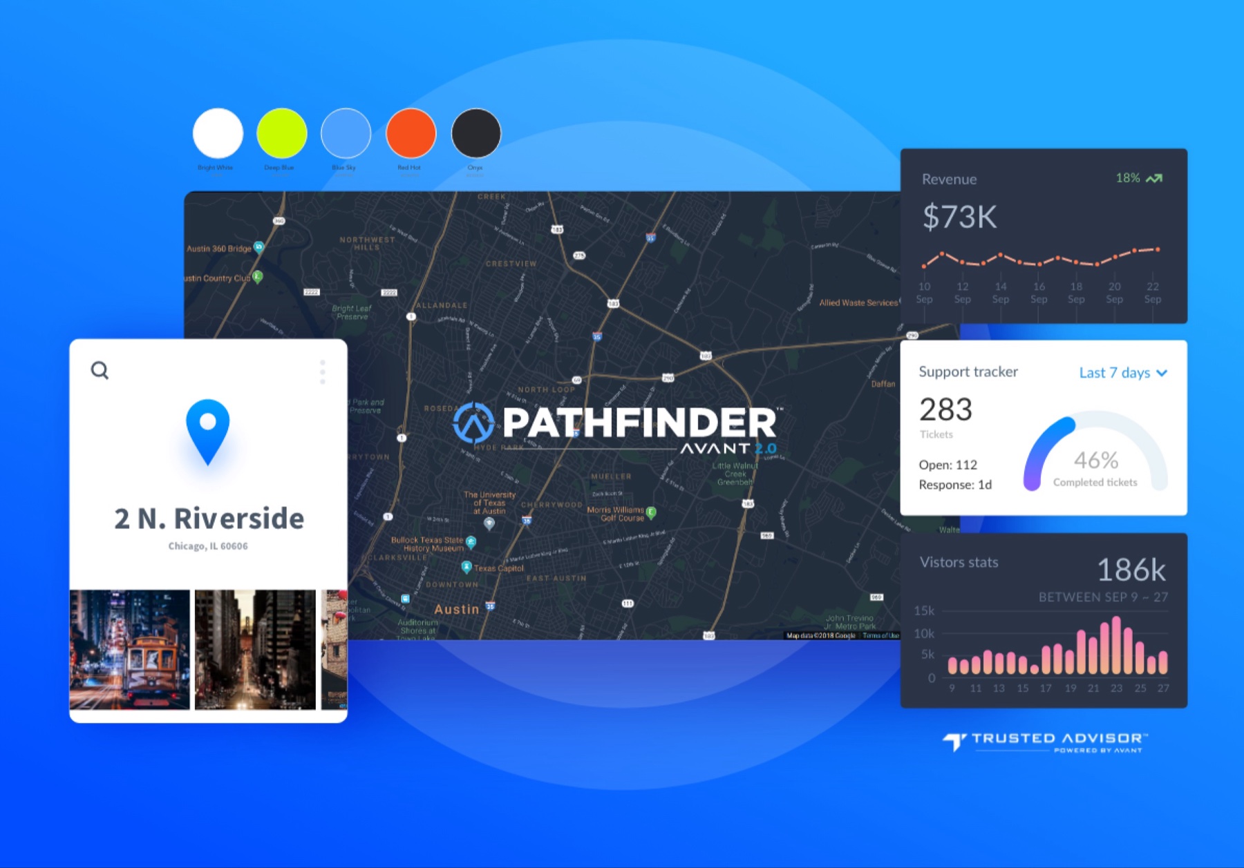 Pathfinder 2.0 style tile — palette, map hero, and analytics widgets on the light theme
