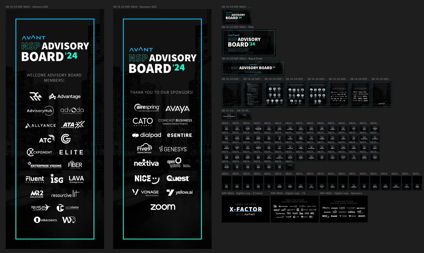 NSP Advisory Board '24 — full Figma system: welcome and sponsor boards, web and email headers, agendas, member cards, and digital loop screens