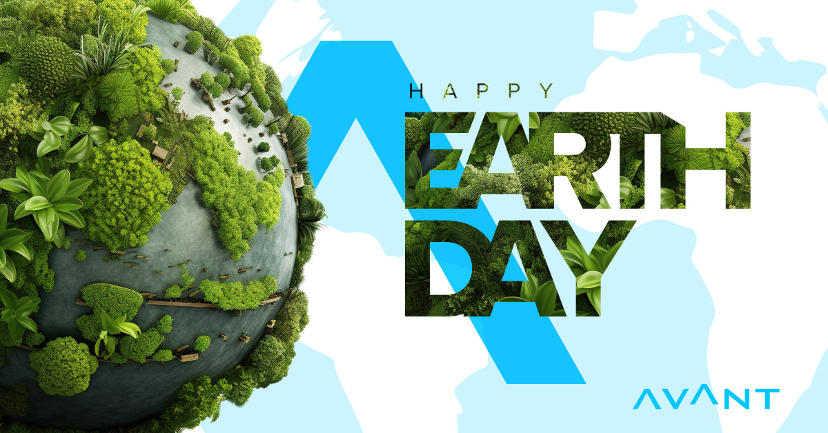 Happy Earth Day social — globe of foliage with type cut from greenery on the Avant mark