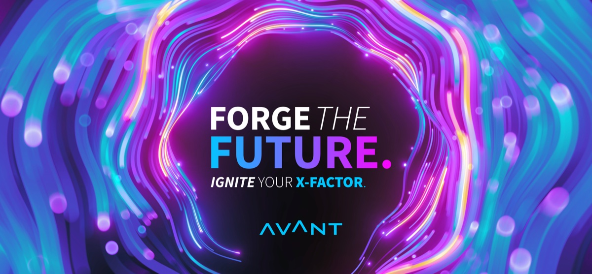 Avant — Forge the Future campaign key art, neon light rings with Ignite Your X-Factor lockup, 2022–2023