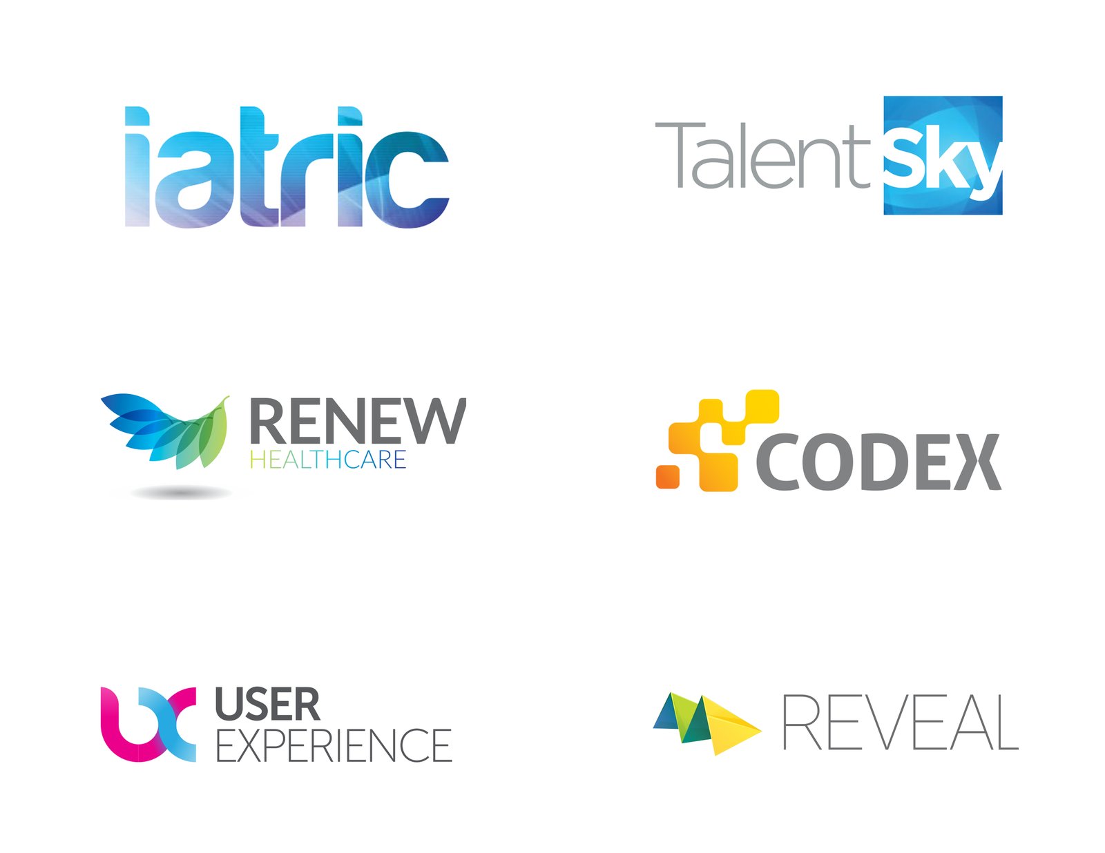 Logofolio — six of twenty identity marks: iatric, TalentSky, Renew Healthcare, Codex, User Experience, Reveal