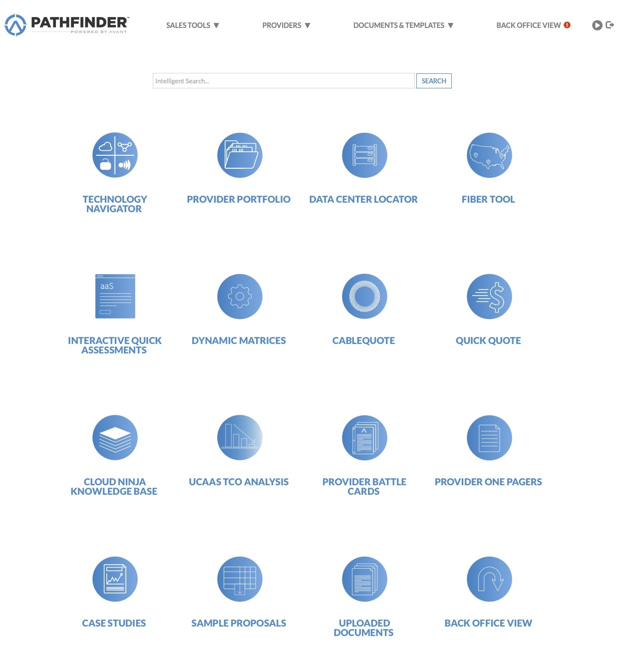 The original Pathfinder home screen: a search box above a four by four grid of sixteen tool icons, from Technology Navigator and Provider Portfolio to Uploaded Documents and Back Office View.