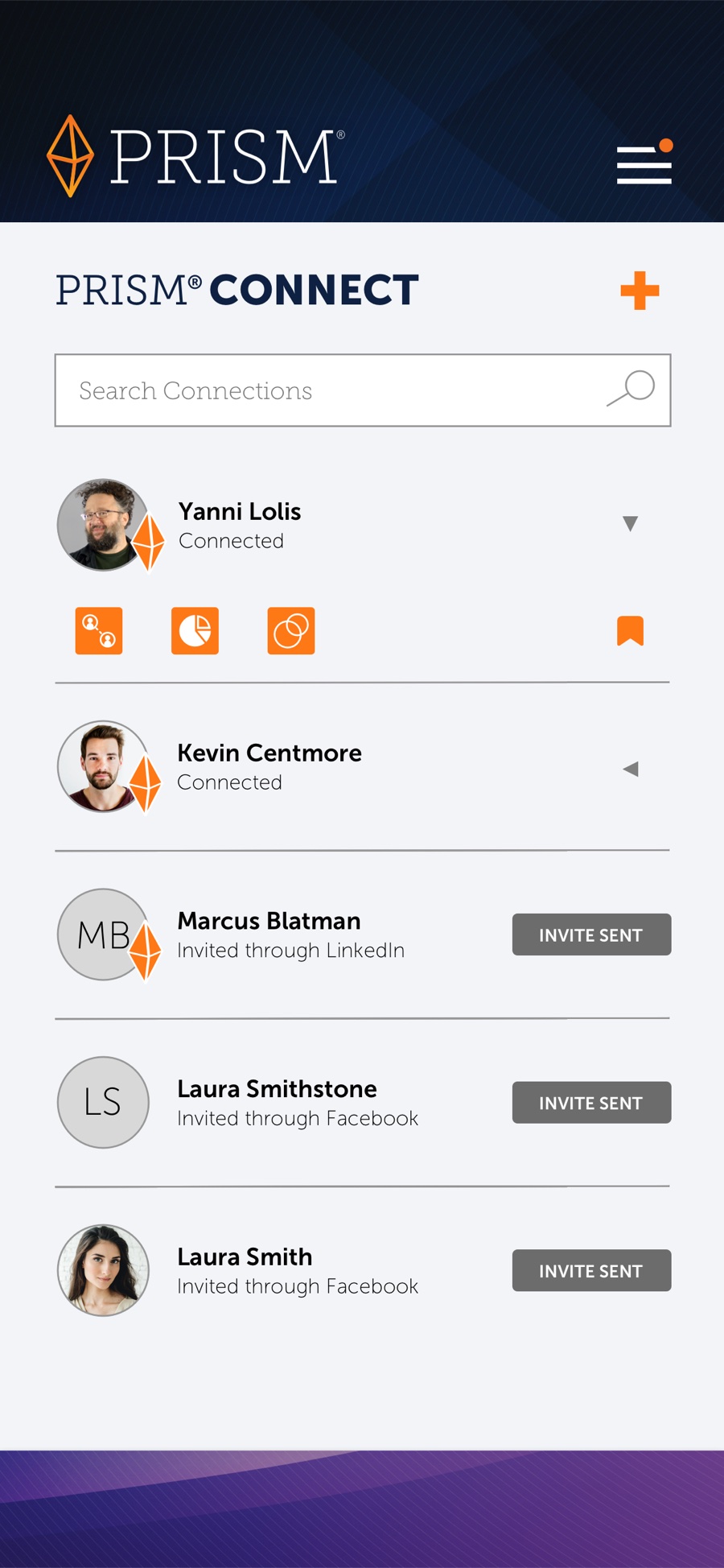 PRISM Connect on mobile — connection list with invites from LinkedIn and Facebook