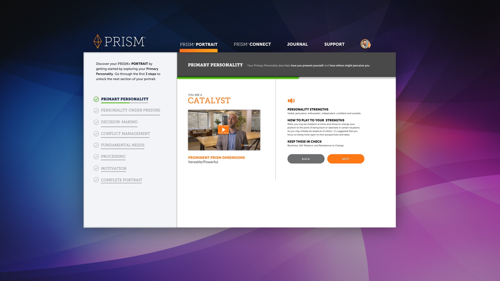 PRISM Portrait — the Primary Personality reveal, with step navigation, an intro video, and plain-language strengths on the light theme