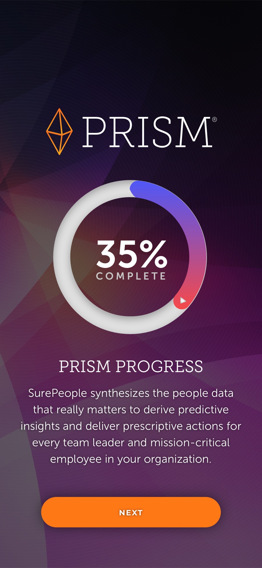 PRISM Progress on mobile — 35% complete radial over the brand gradient
