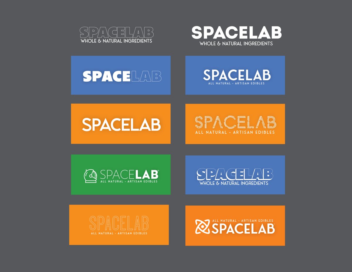 Spacelab color system — wordmark tested across blue, orange, green, and gradient chip sets