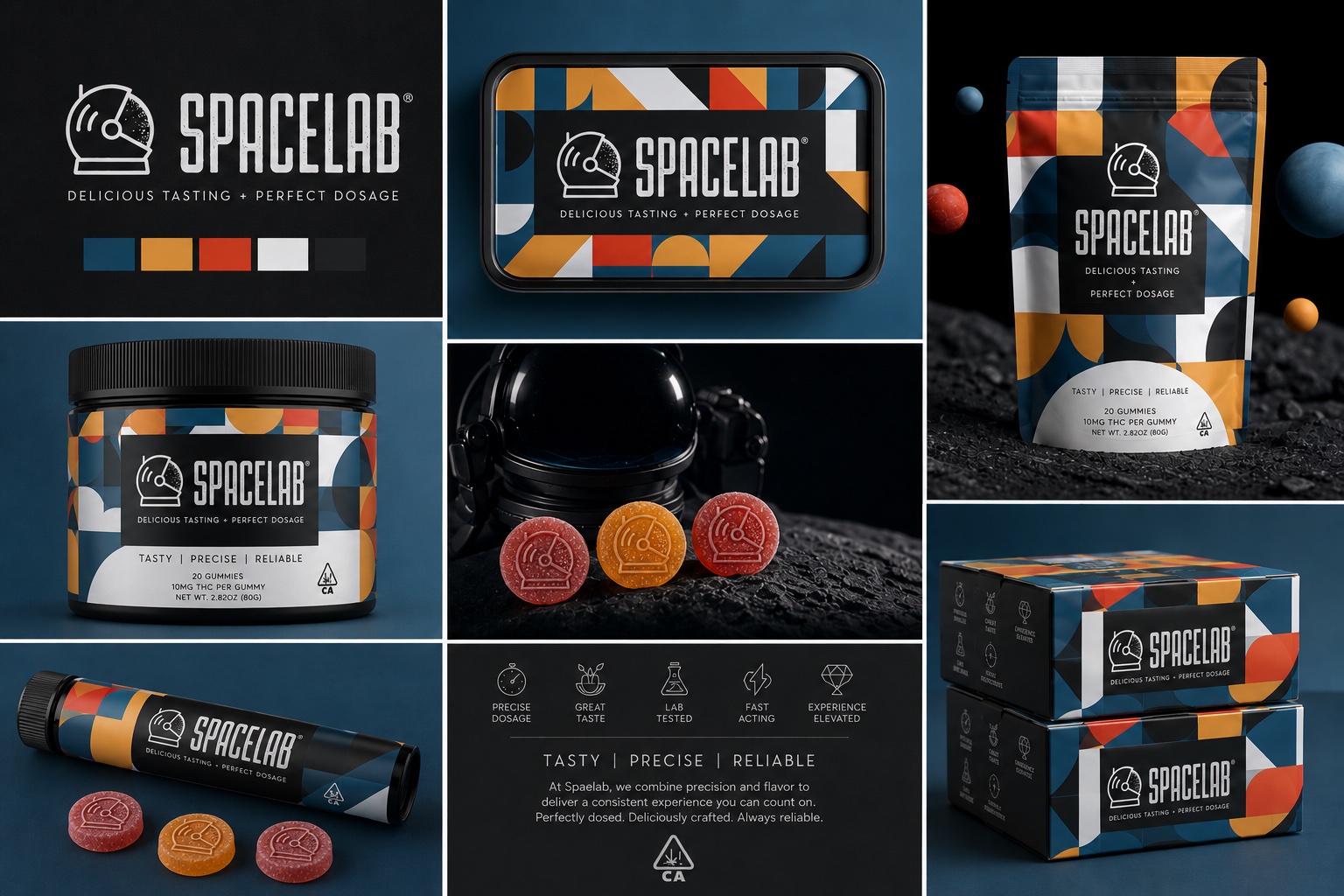 Spacelab final brand board — logo and palette, patterned tin, jar, stand-up pouch, dosing tube, and boxes, with helmet-embossed gummies and the Tasty, Precise, Reliable values row