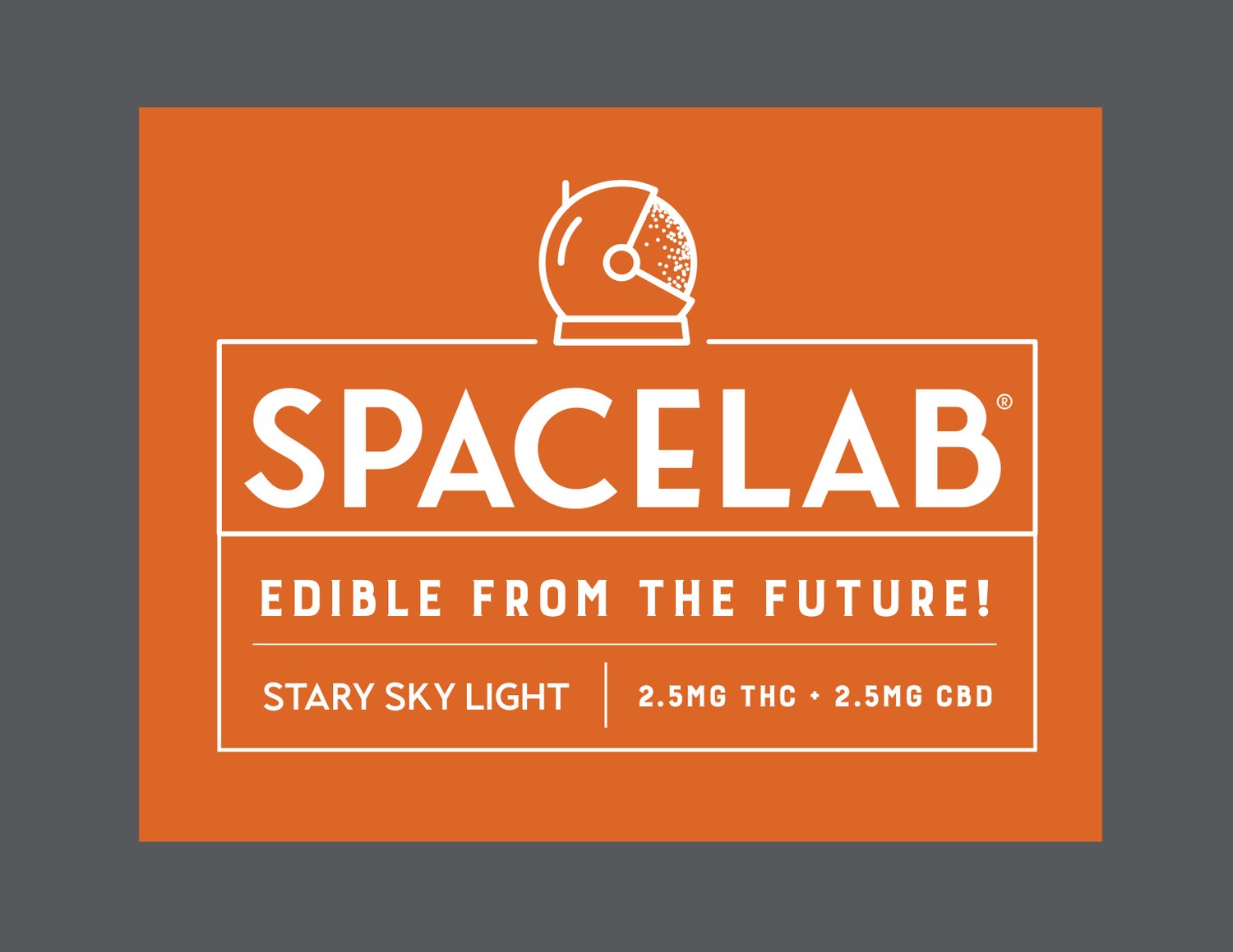 Spacelab orange board — astronaut helmet mark, Edible from the Future, Starry Sky Light 2.5mg THC 2.5mg CBD