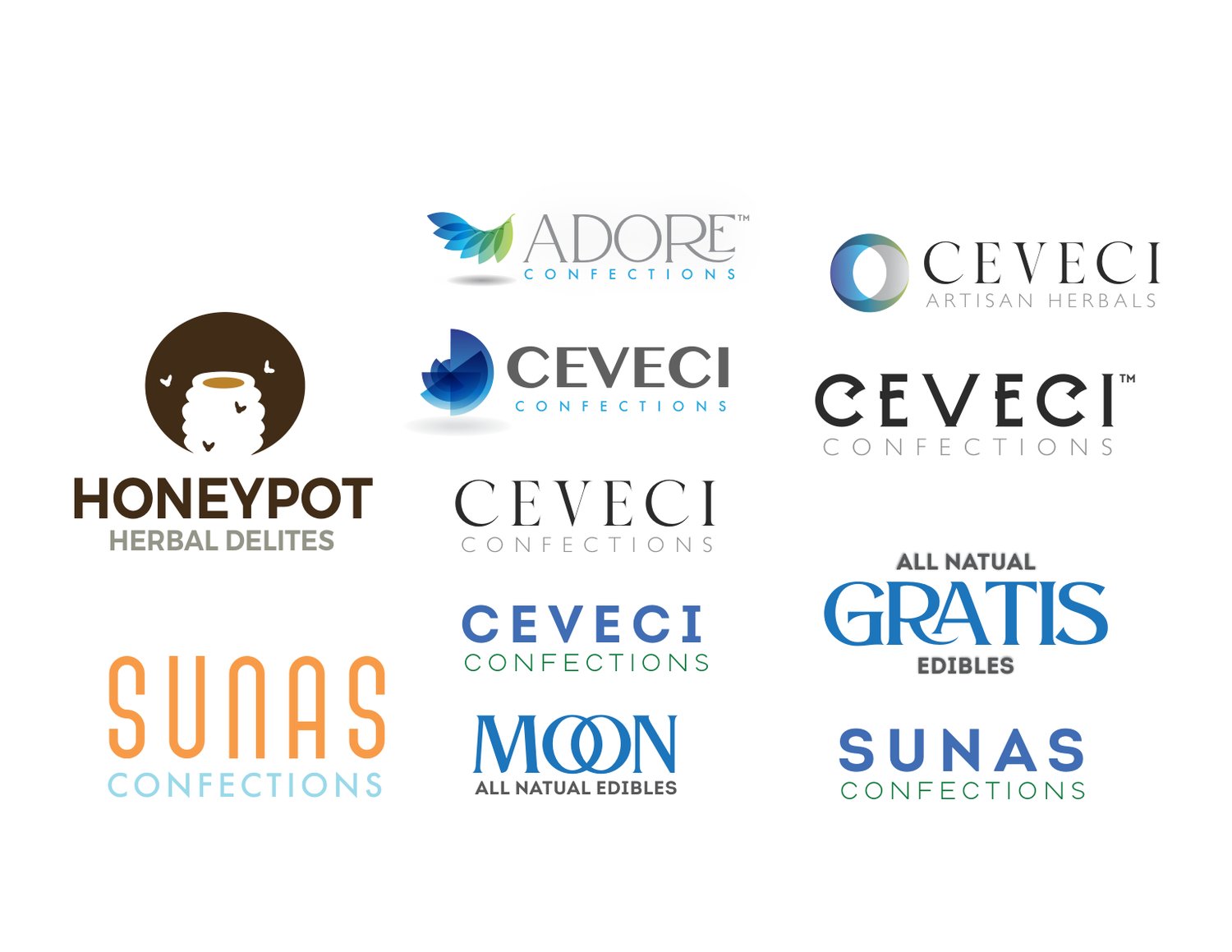 Naming exploration board — Honeypot, Adore, Ceveci, Gratis, Sunas, and Moon wordmark candidates