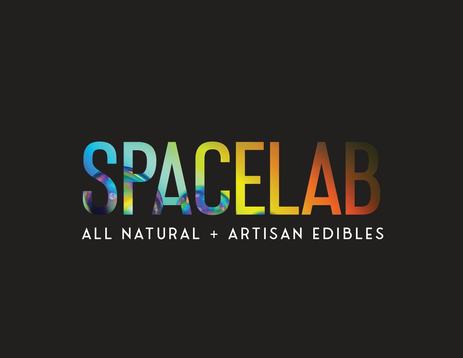 Spacelab wordmark in spectrum letters on black — all natural artisan edibles