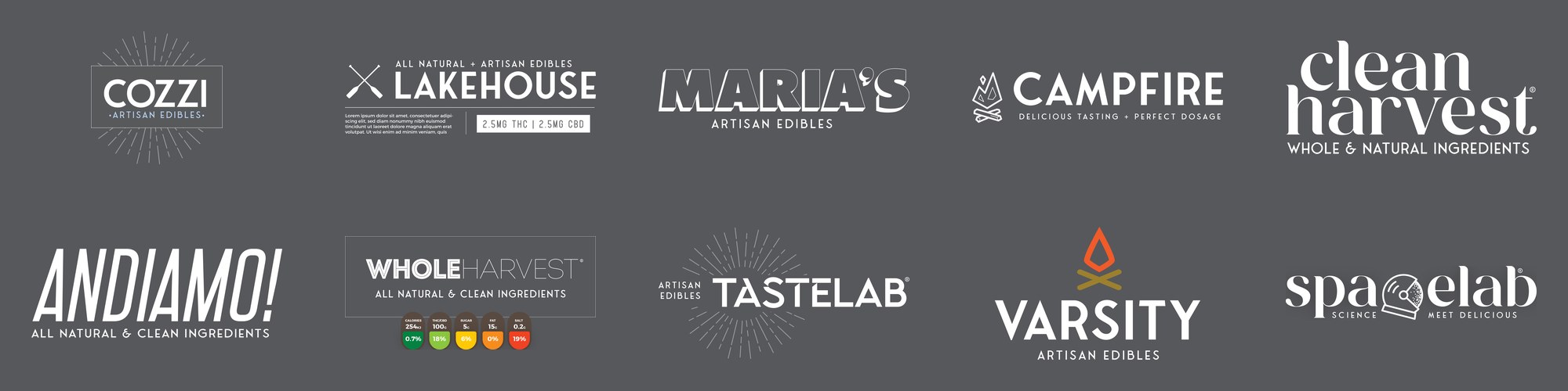 Naming exploration — ten candidate wordmarks drawn as finished lockups: Cozzi, Lakehouse, Maria's, Campfire, Clean Harvest, Andiamo!, Whole Harvest, Tastelab, Varsity, and spacelab