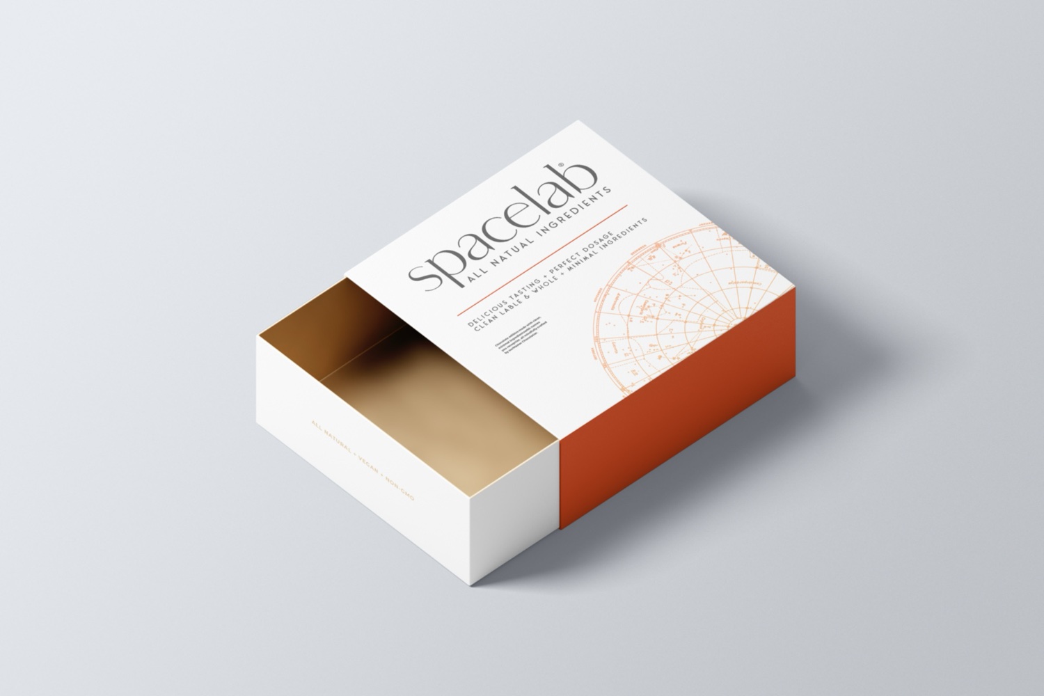 Spacelab drawer box sliding open — white and burnt orange with cosmic chart illustration