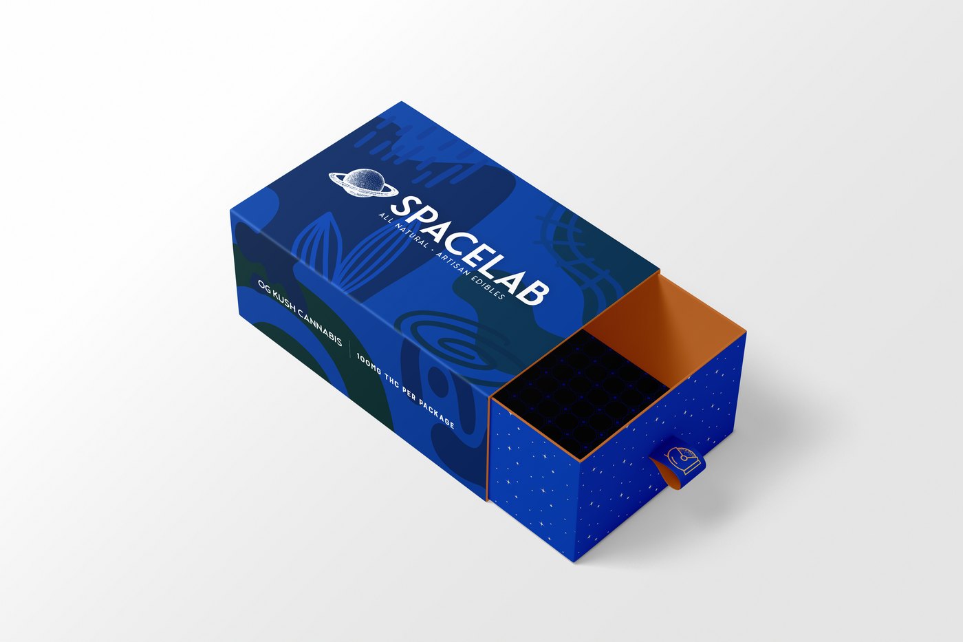 Spacelab drawer box in midnight blue, slid open