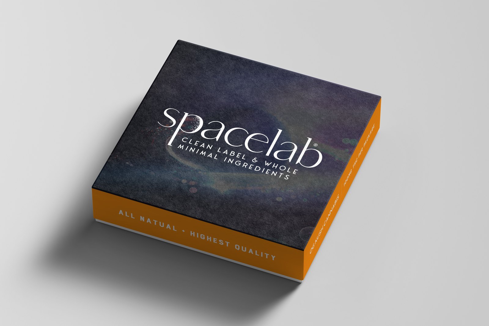 Spacelab square box — deep navy star field with burnt orange edge, clean label and whole minimal ingredients