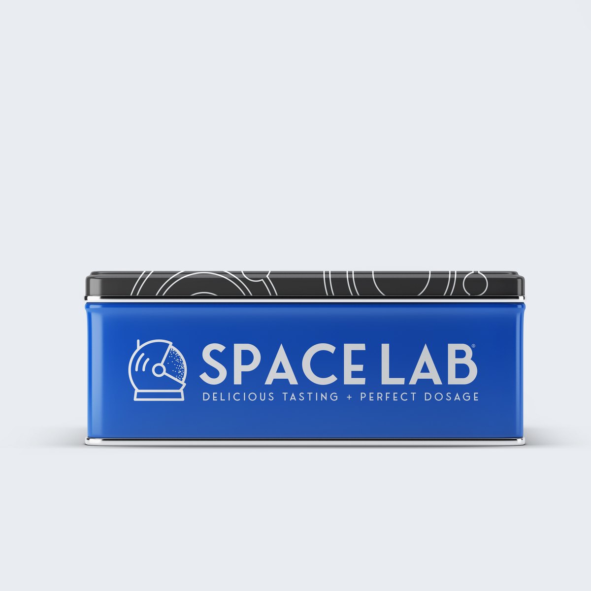 Spacelab rectangular tin in blue — delicious tasting, perfect dosage