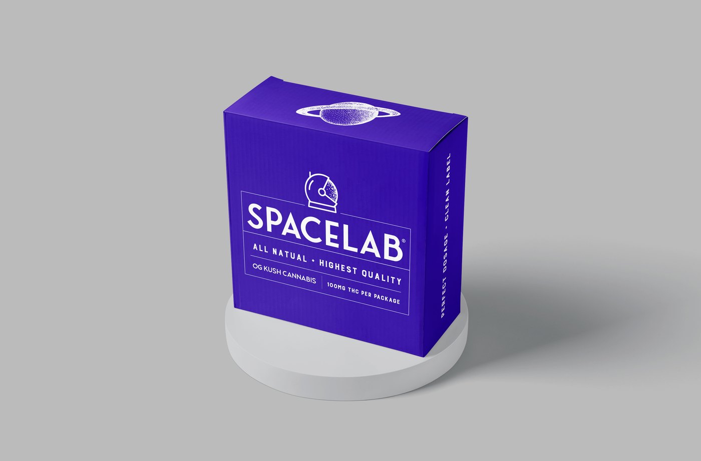 Spacelab standing carton in violet with the helmet mark