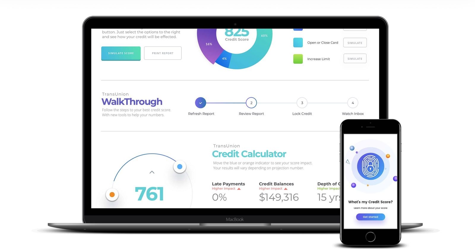 TrueCredit walkthrough and credit calculator on MacBook and iPhone
