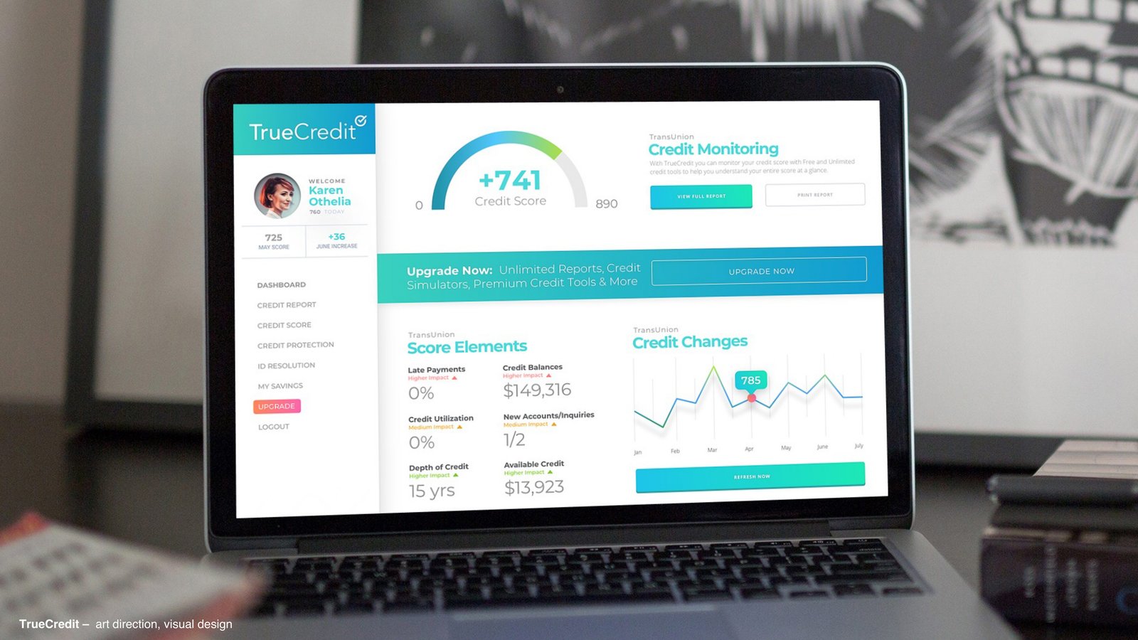 TrueCredit dashboard on a MacBook — +741 credit score gauge, score elements, and credit changes chart