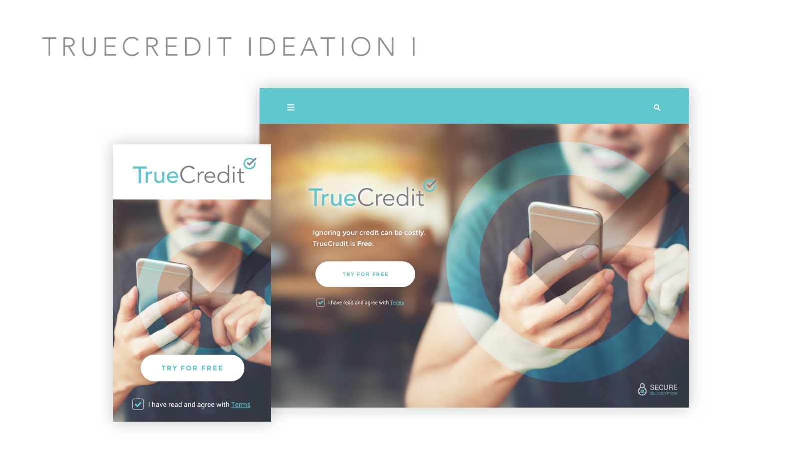 TrueCredit ideation concept I — lifestyle photography under translucent teal brand marks