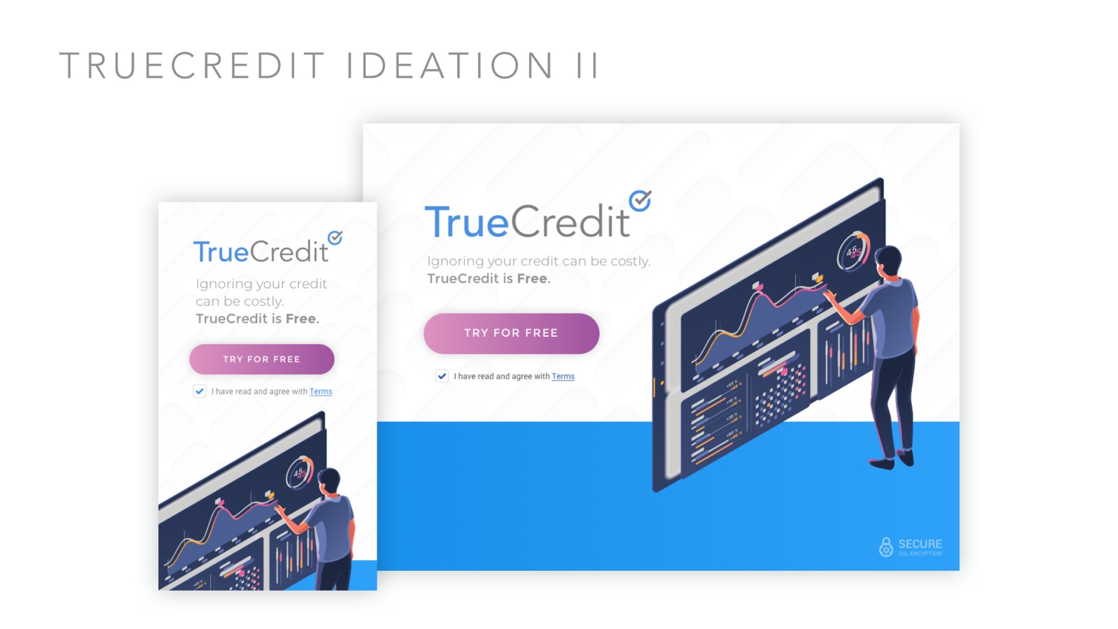 TrueCredit ideation concept II — isometric dashboard illustration with violet gradient CTA