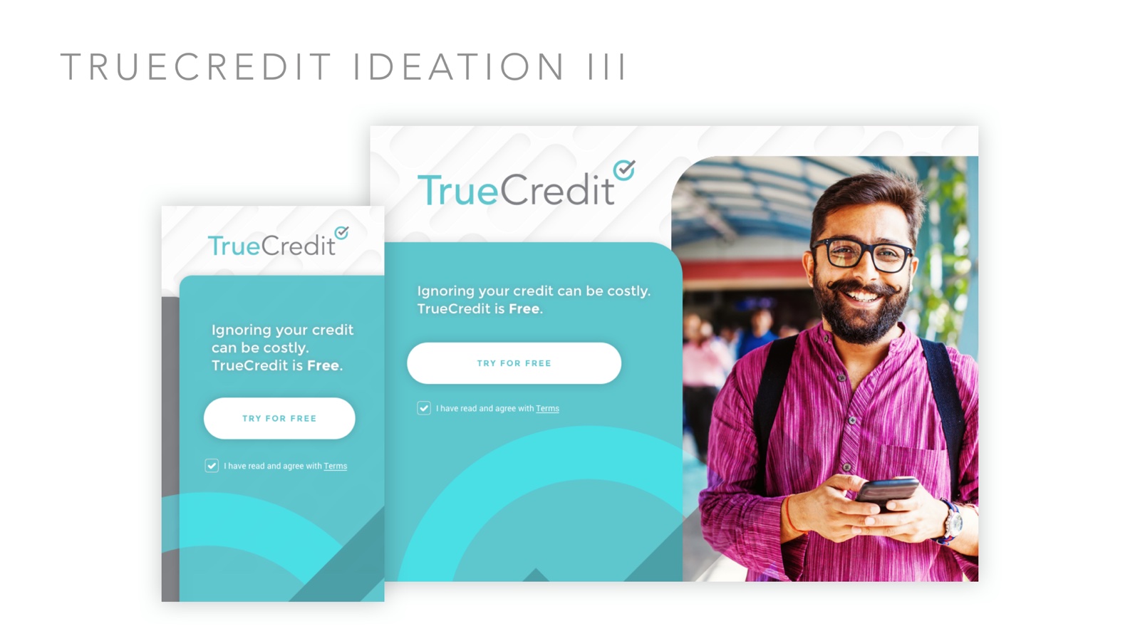 TrueCredit ideation concept III — saturated teal panels with portrait photography