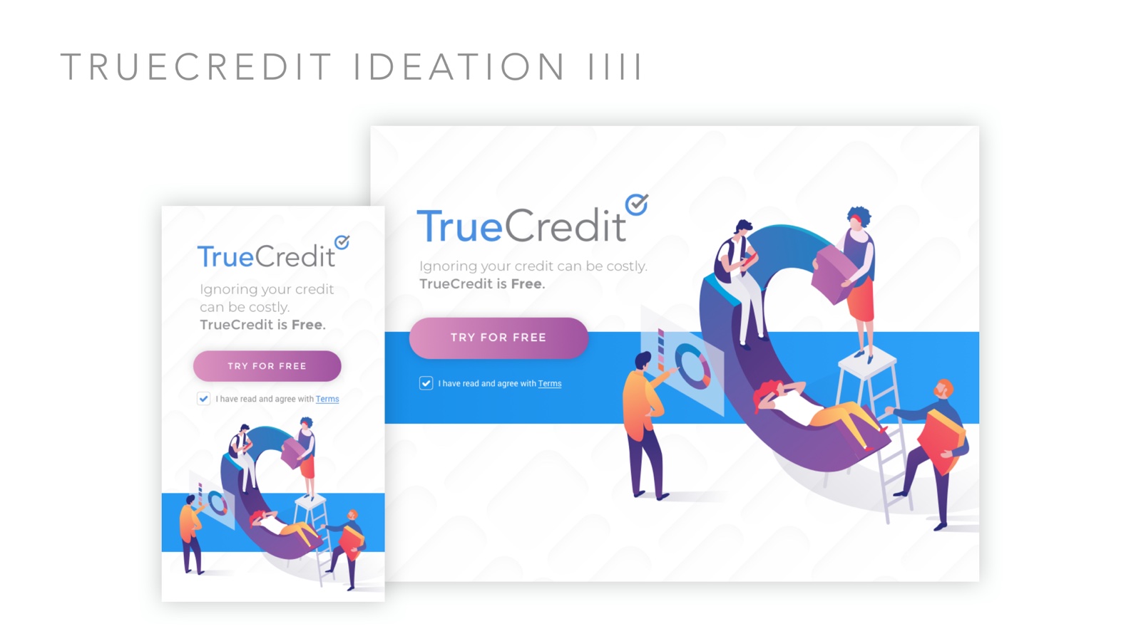 TrueCredit ideation concept IV — playful team-building illustration around the brand C