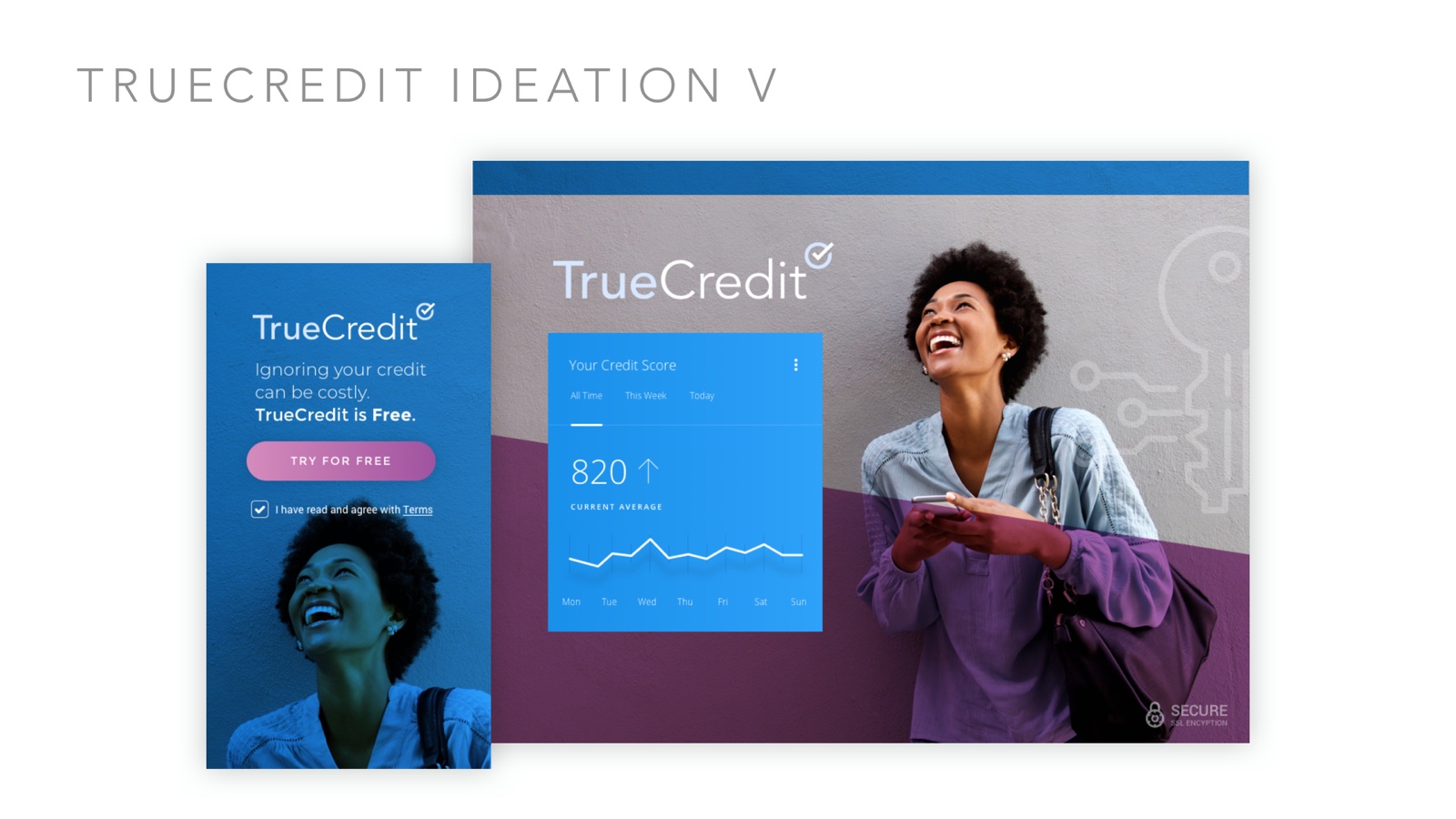 TrueCredit ideation concept V — deep blue and plum photography with live score module