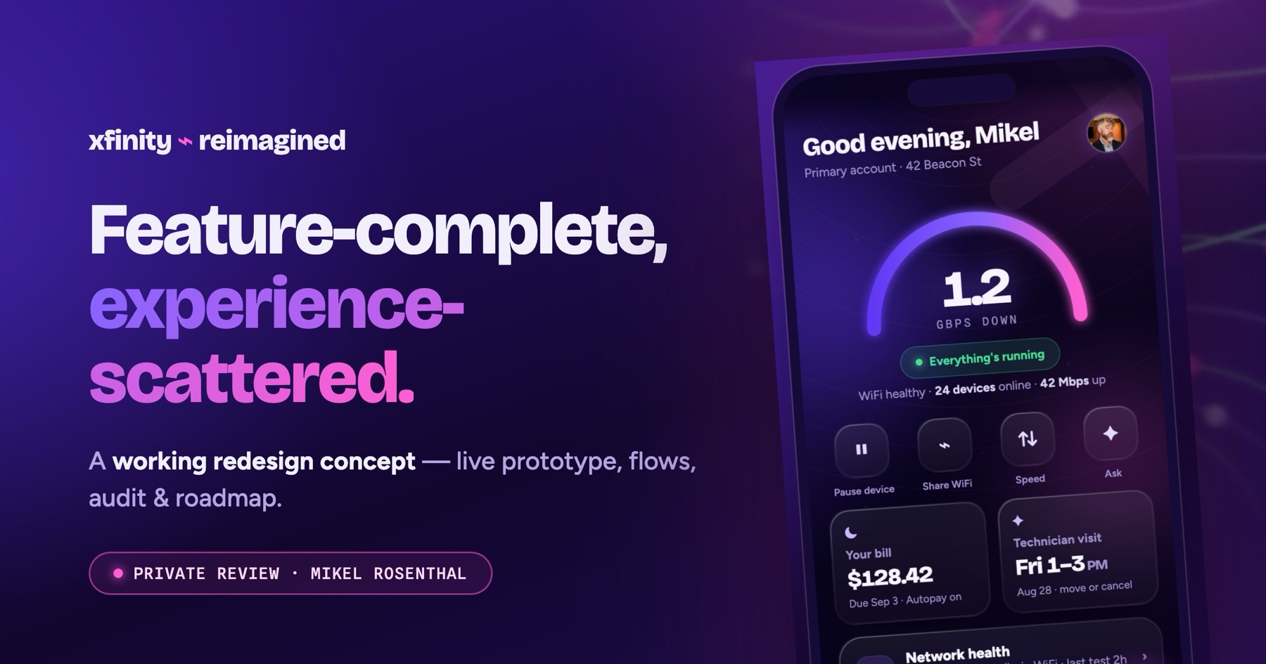 Xfinity Reimagined concept: redesigned home screen with connection status first