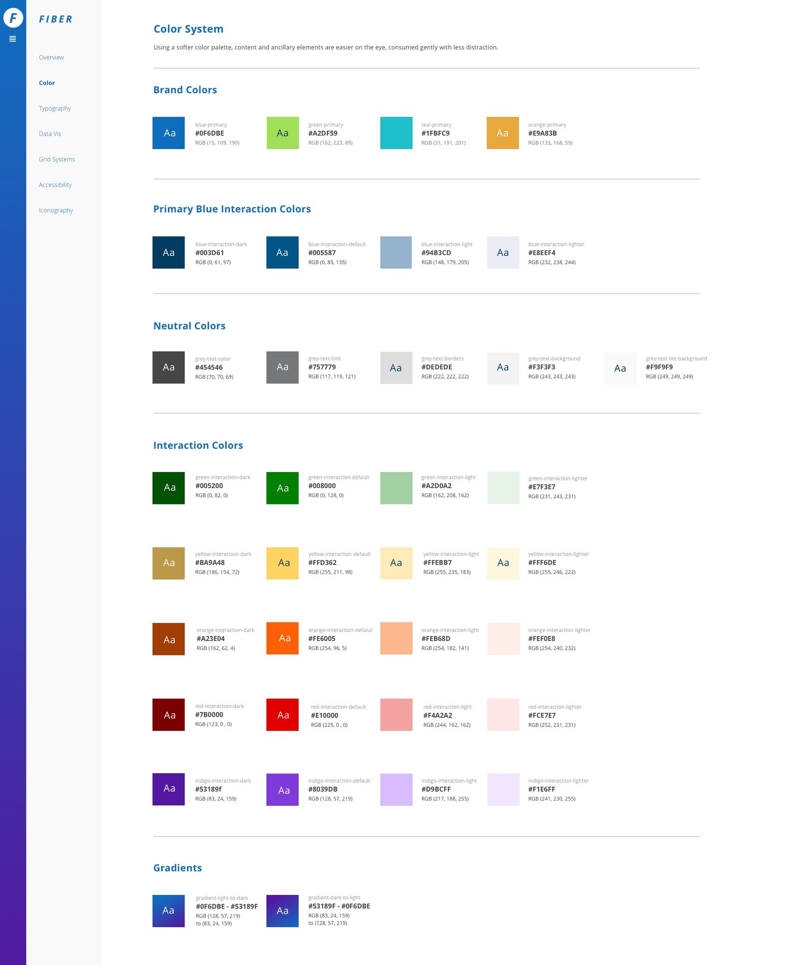 The FIBER color system — brand, interaction, neutral, and accent tiers.