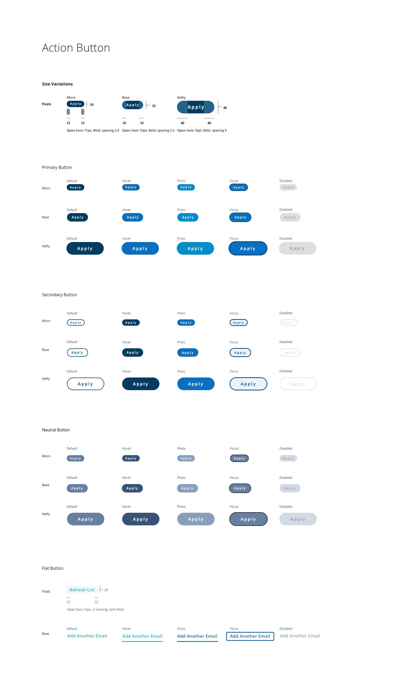 Buttons and links — full state coverage, light theme.
