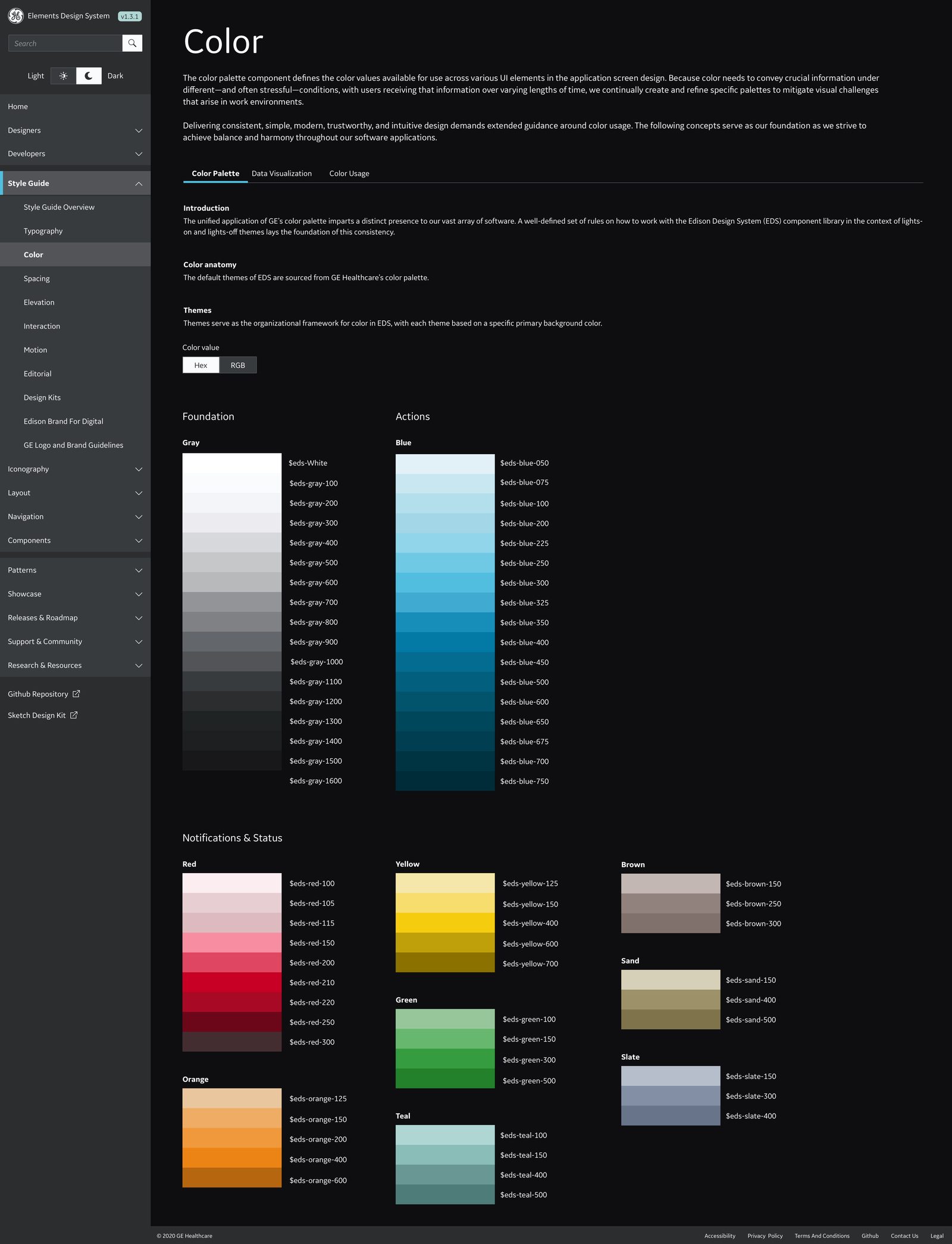 Color system — clinical palettes with notification and status tiers.