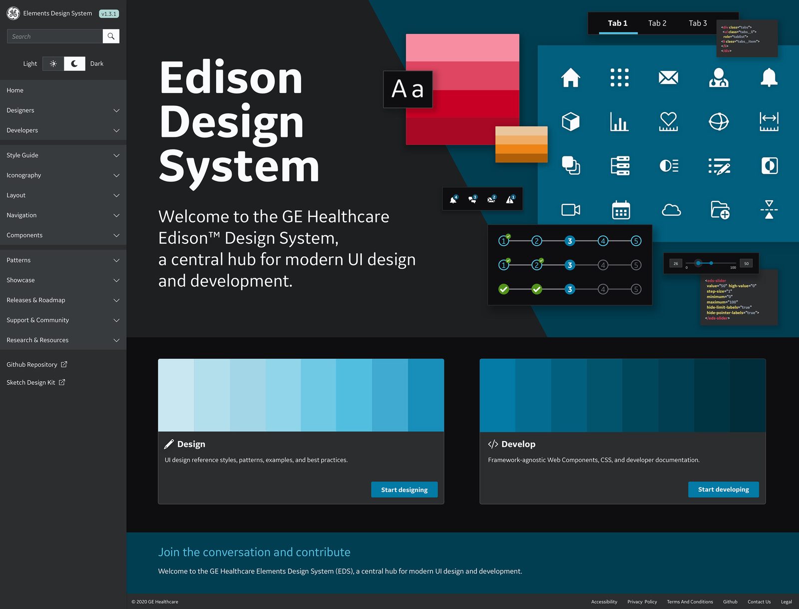 The same hub, dark theme — one component set, re-themed.