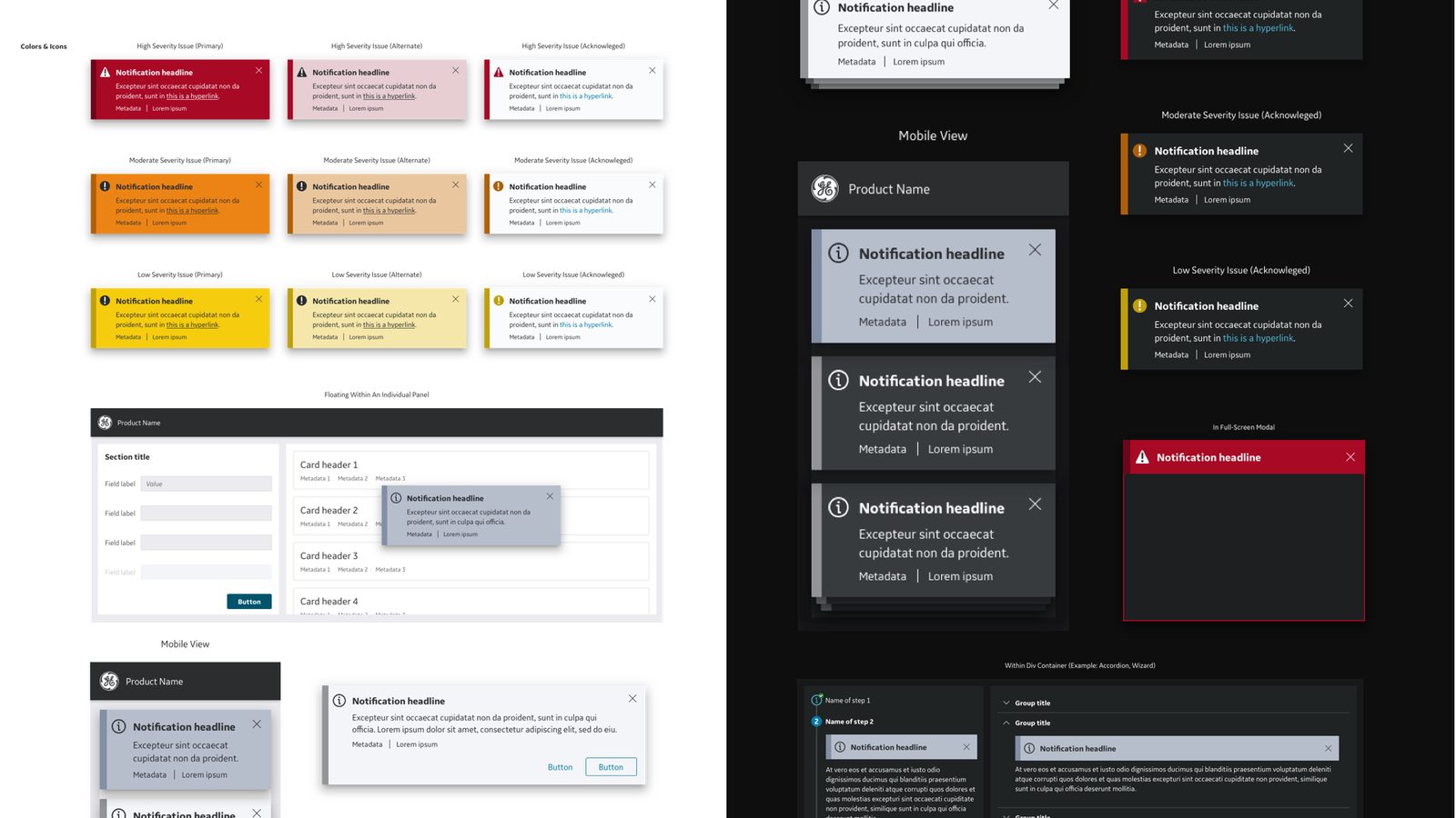 Notification patterns — severity tiers with consistent anatomy.