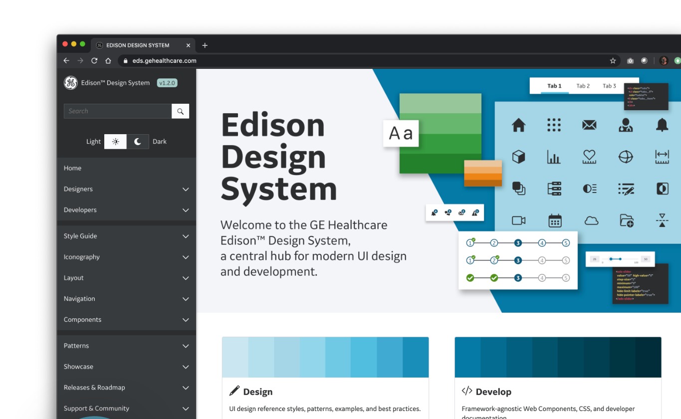 Edison Design System website — documentation hub at eds.gehealthcare.com.