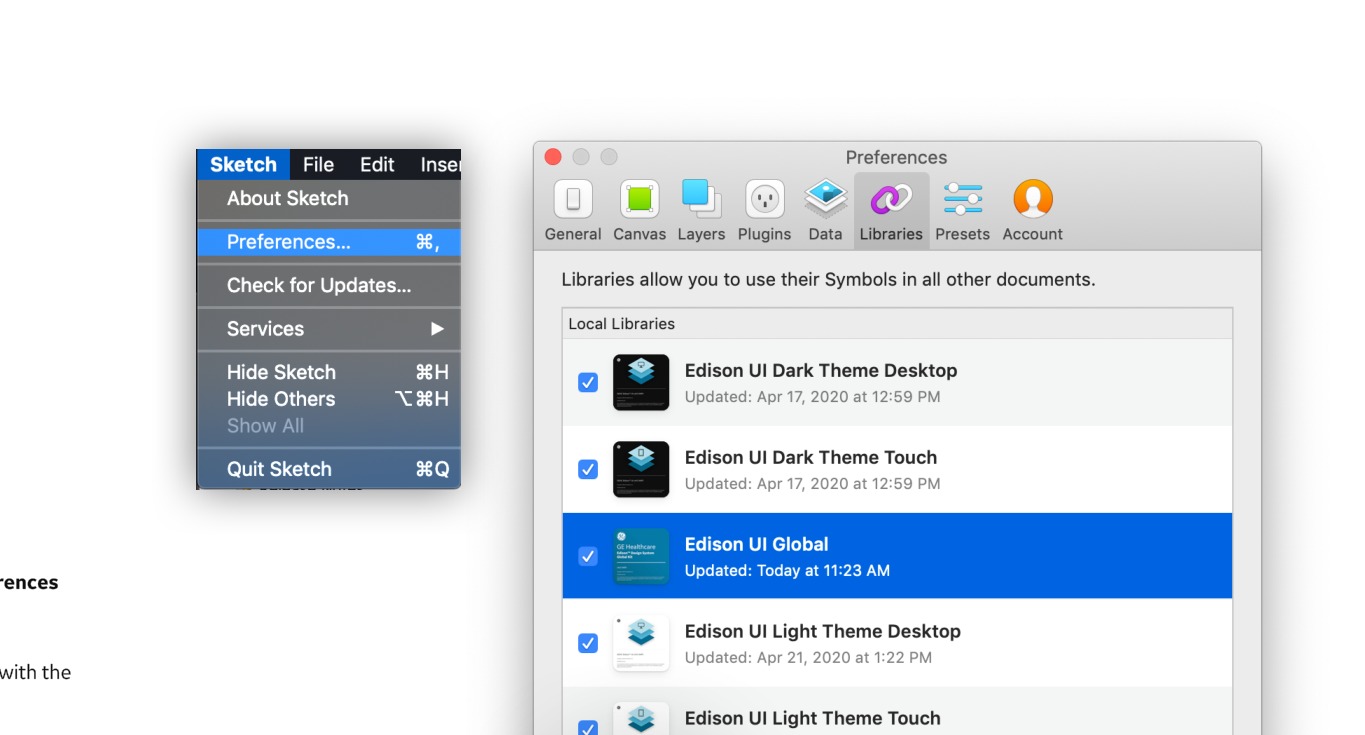 Sketch library setup — Edison UI theme libraries installed across Dark, Global, and Light tiers.