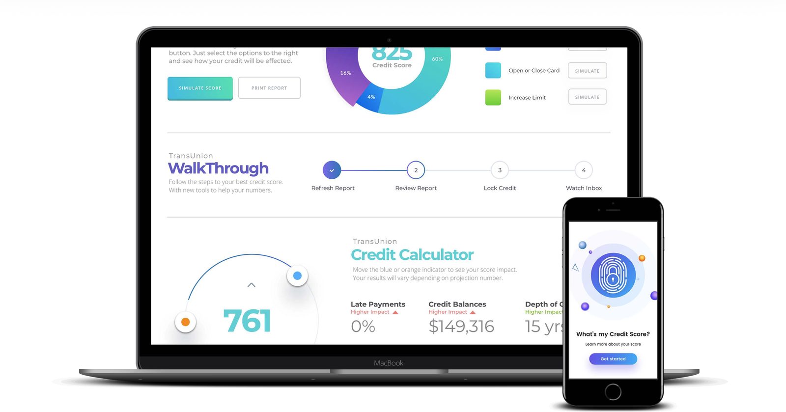 TrueCredit — credit calculator and walkthrough, desktop and mobile.