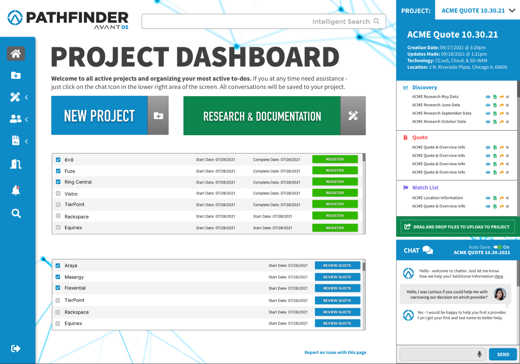 Pathfinder project dashboard with research and documentation modules