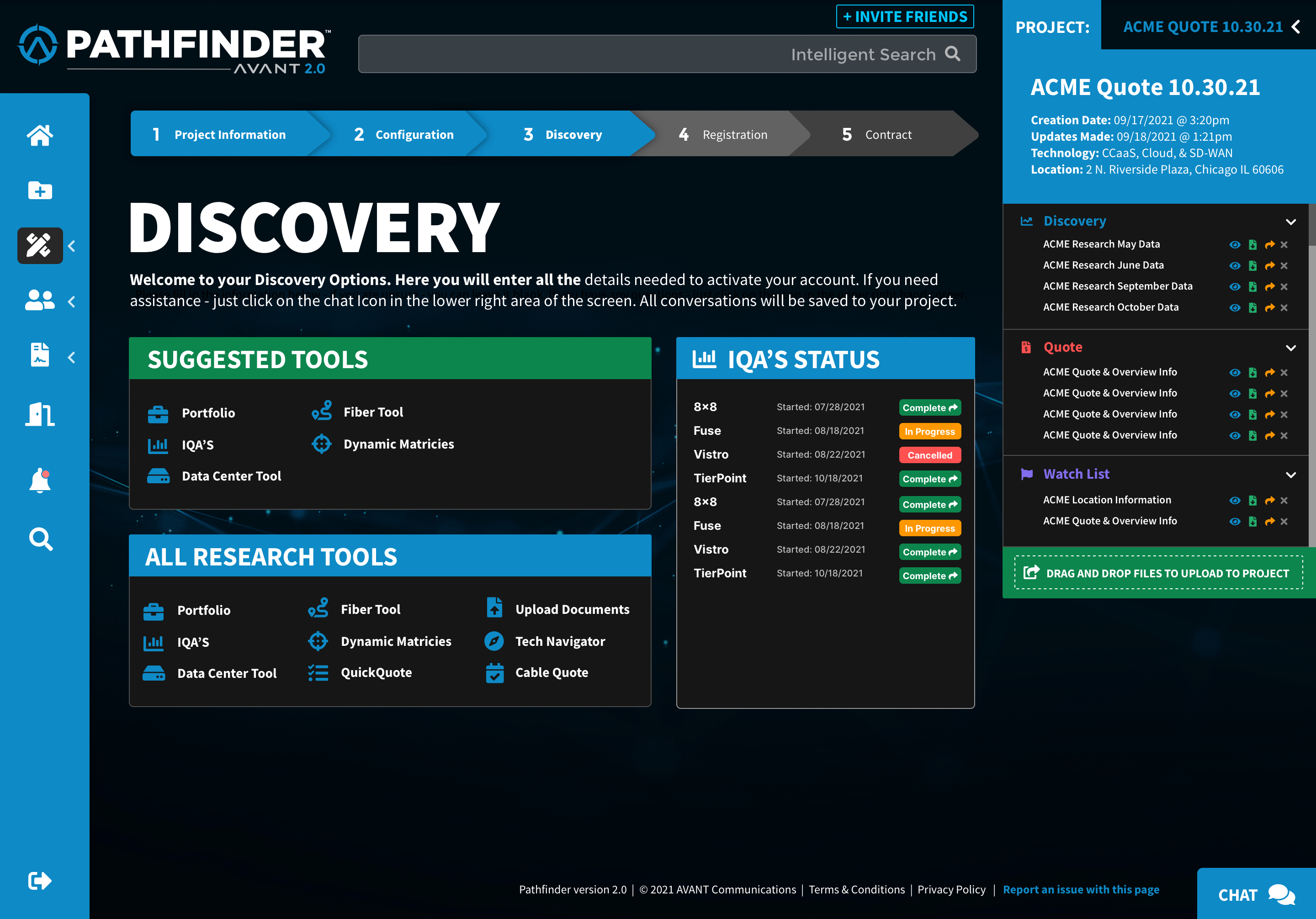 Pathfinder Discovery step — suggested tools, research tools, and IQA status inside the five-step flow